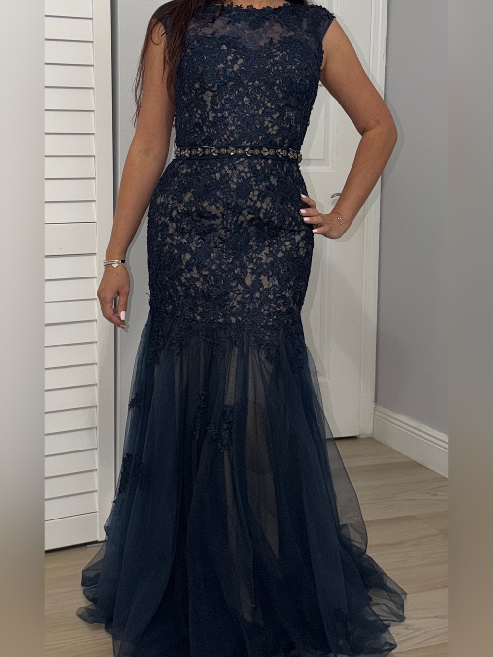 La Femme Navy Lace Mermaid Evening Dress